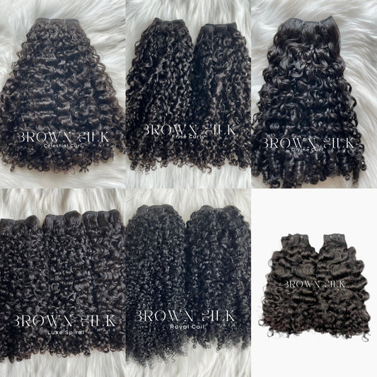 Brown Silk Hair’s Curly Collection featuring six curly hair extension textures: Celestial Curl, Frisé Curly, Divine Curl, Luxe Spiral, Royal Coil, and Burmese Curly.